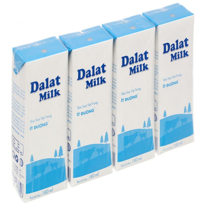 Lốc 4 Sữa Tươi Tiệt Trùng Dalat Milk Ít Đường Hộp 180Ml